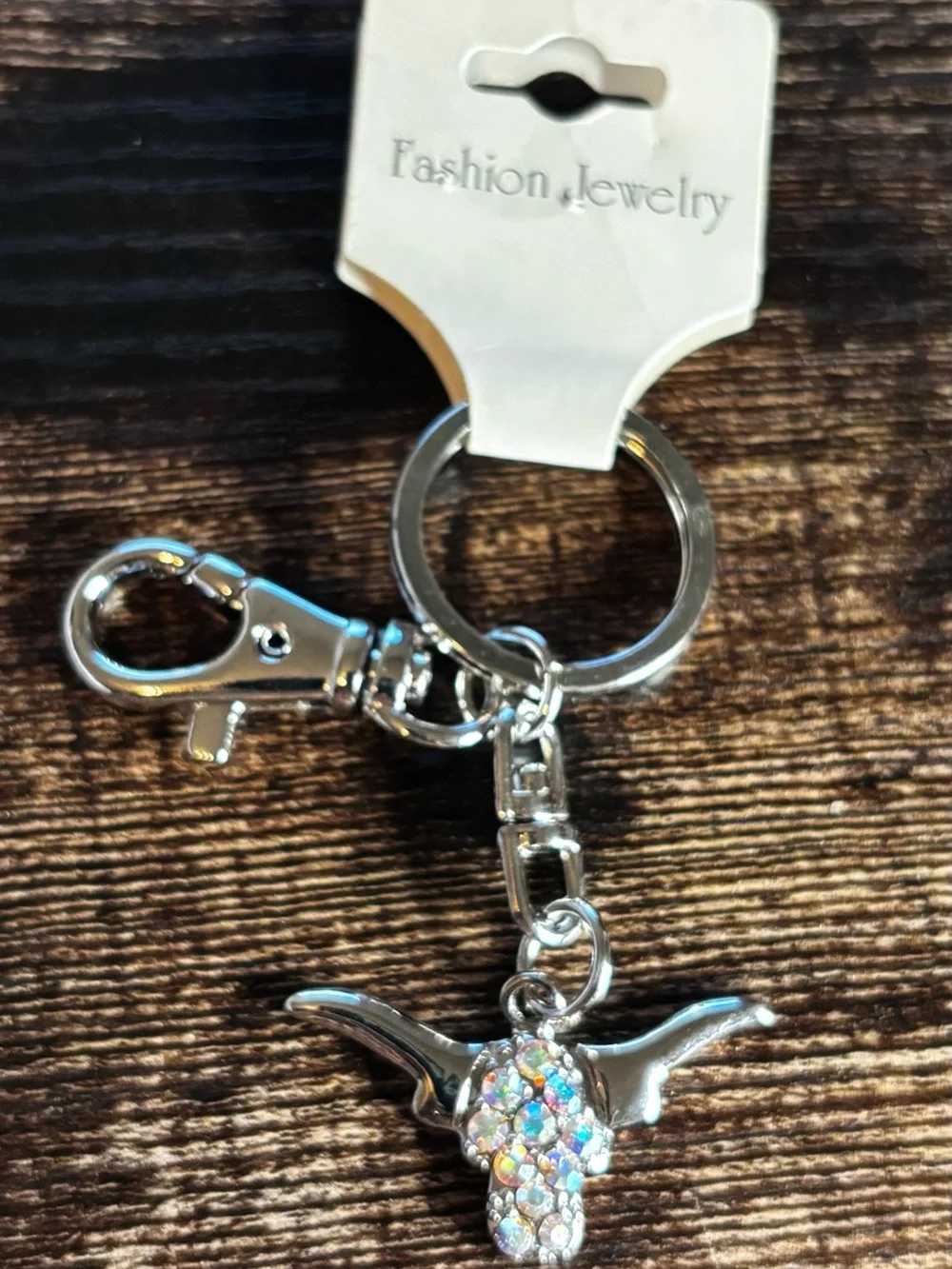 Silver Tone Iridescent Crystal‎ Longhorn Bull Charm Keychain